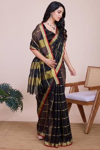 Black kota doriya cotton silk saree with blouse