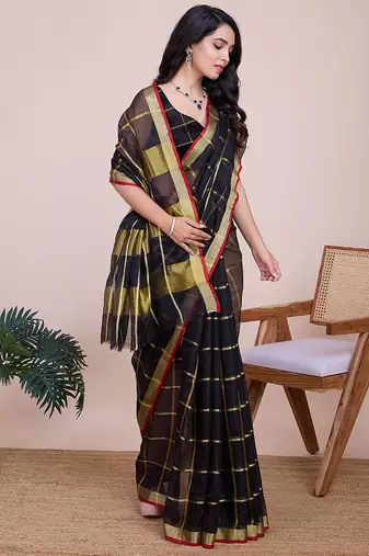 Black kota doriya cotton silk saree with blouse
