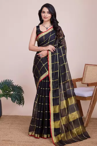 Black kota doriya cotton silk saree with blouse