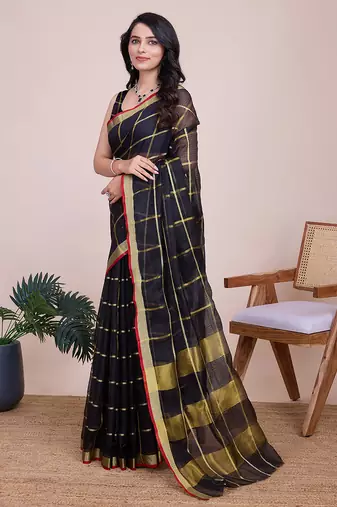 Black kota doriya cotton silk saree with blouse