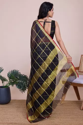 Black kota doriya cotton silk saree with blouse