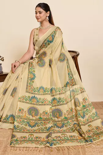 Rama green printed linan saree with blouse