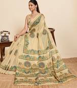 Rama green printed linan saree with blouse