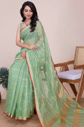 Green kota doriya cotton silk saree with blouse