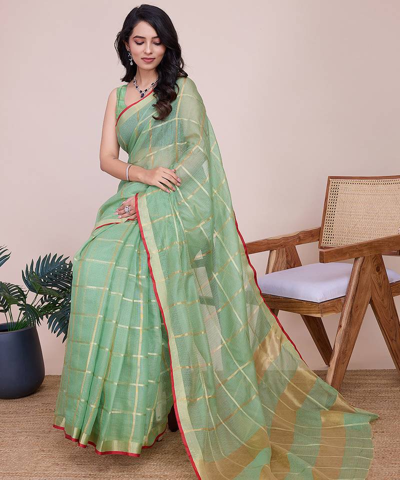 Green kota doriya cotton silk saree with blouse
