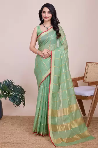 Green kota doriya cotton silk saree with blouse