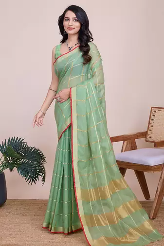 Green kota doriya cotton silk saree with blouse