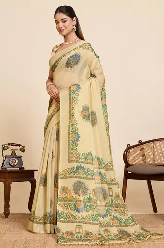 Rama green printed linan saree with blouse