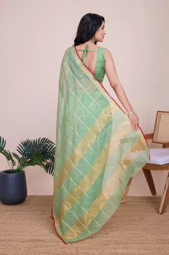 Green kota doriya cotton silk saree with blouse