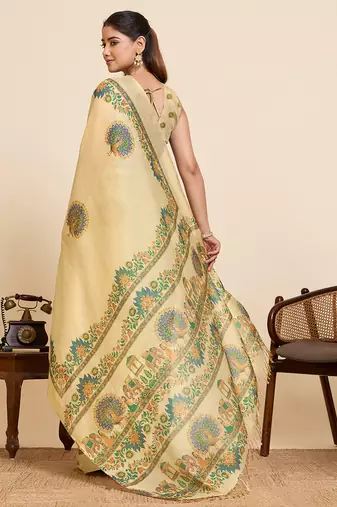 Rama green printed linan saree with blouse