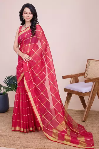 Rani pink kota doriya cotton silk saree with blouse