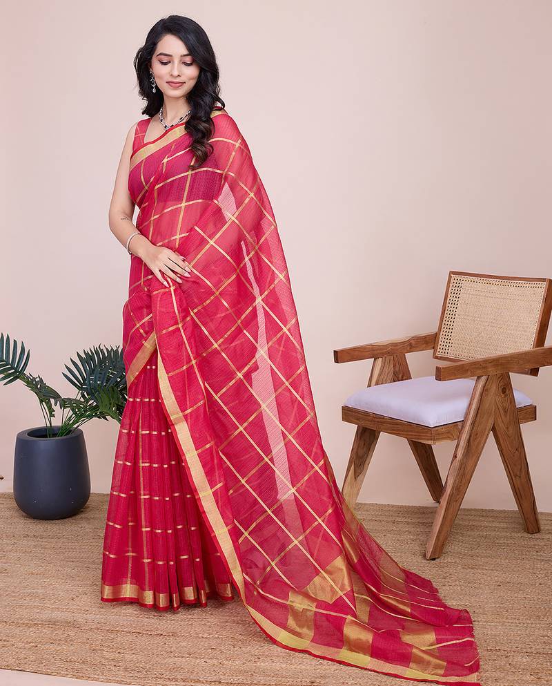 Rani pink kota doriya cotton silk saree with blouse