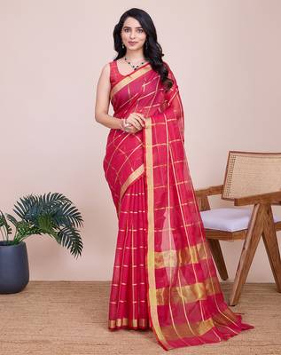 Rani pink kota doriya cotton silk saree with blouse 2