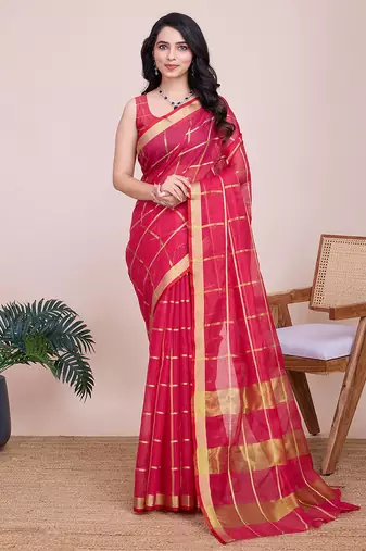 Rani pink kota doriya cotton silk saree with blouse