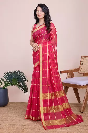 Rani pink kota doriya cotton silk saree with blouse