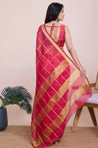 Rani pink kota doriya cotton silk saree with blouse