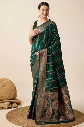 Dark green zari work jacquard saree with blouse
