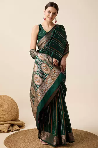 Dark green zari work jacquard saree with blouse