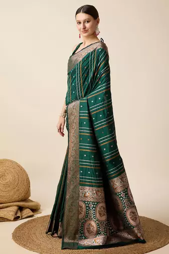 Dark green zari work jacquard saree with blouse
