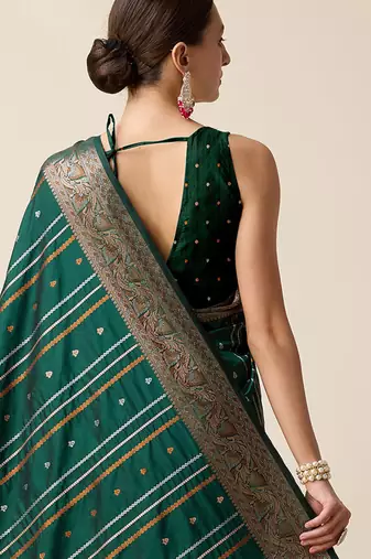 Dark green zari work jacquard saree with blouse