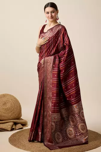 Maroon zari work jacquard saree with blouse