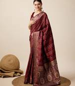 Maroon zari work jacquard saree with blouse