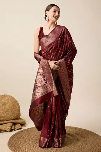 Maroon zari work jacquard saree with blouse