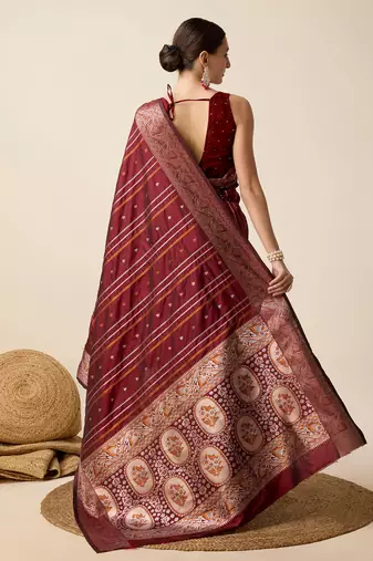 Maroon zari work jacquard saree with blouse