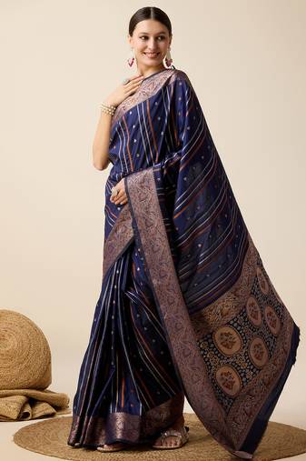 Navy blue zari work jacquard saree with blouse
