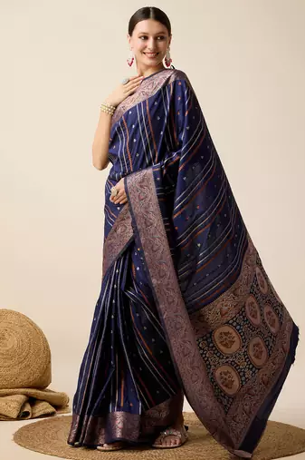 Navy blue zari work jacquard saree with blouse