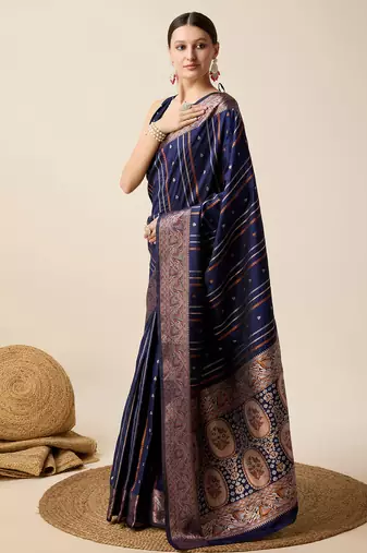 Navy blue zari work jacquard saree with blouse