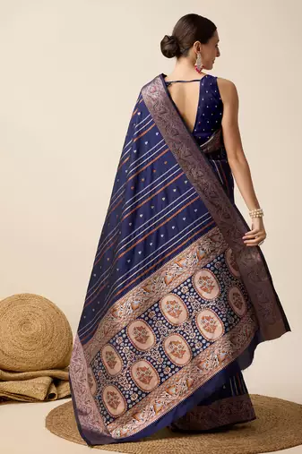 Navy blue zari work jacquard saree with blouse
