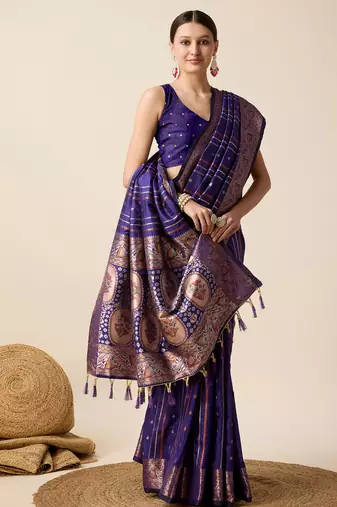 Purple zari work jacquard saree with blouse