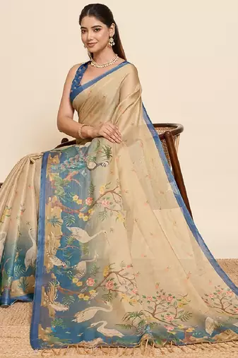 Teal printed linan saree with blouse