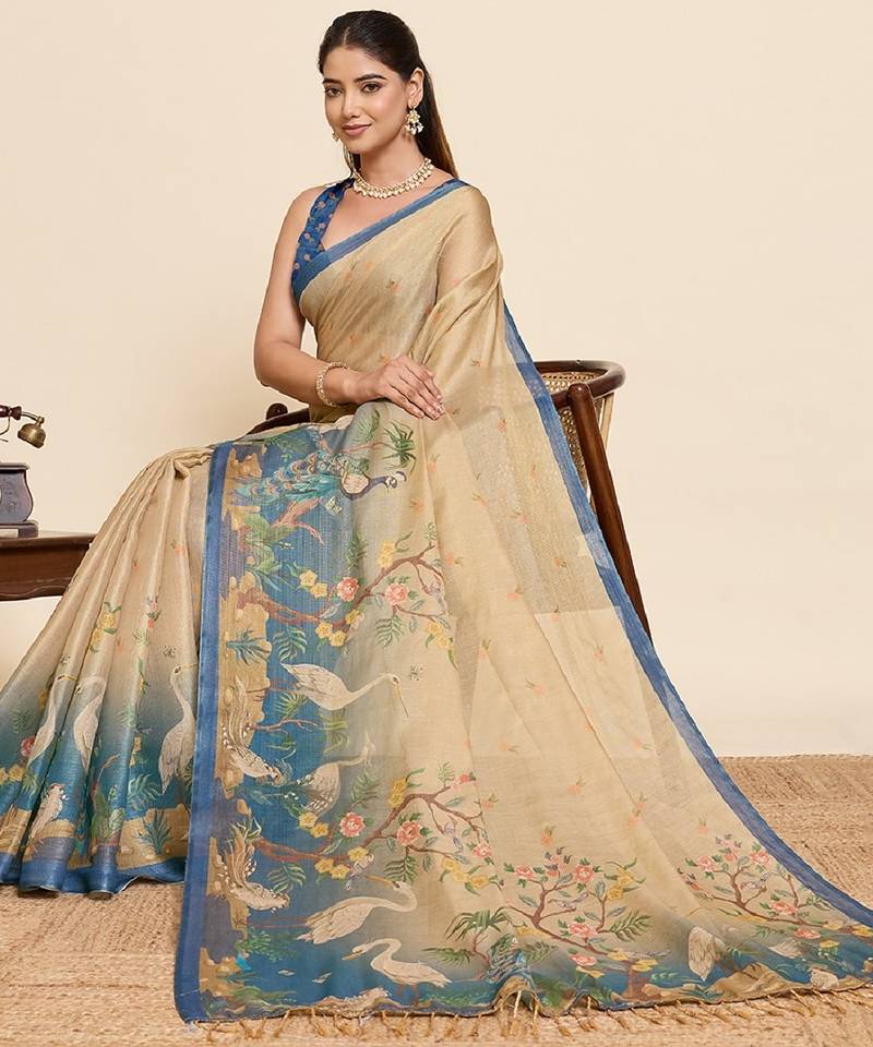 Teal printed linan saree with blouse