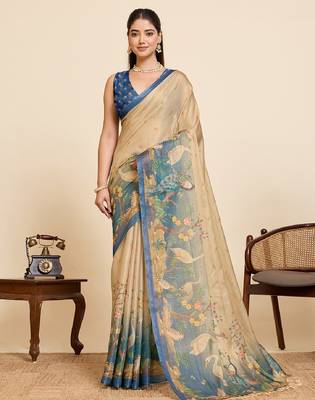 Teal printed linan saree with blouse 2
