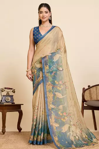 Teal printed linan saree with blouse