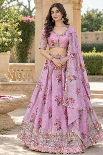 Women's Pink Zari Seqeunce Embroidery Work Lehenga Choli