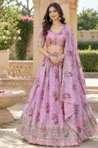 Women's Pink Zari Seqeunce Embroidery Work Lehenga Choli