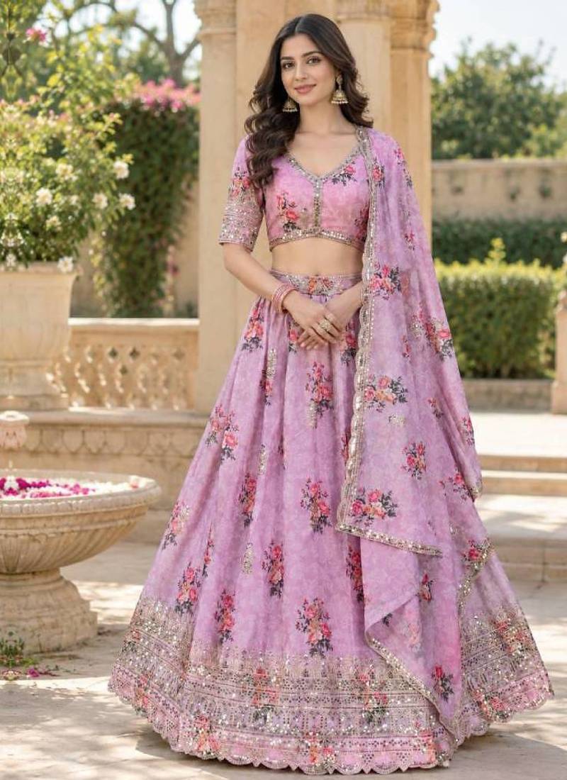 Women's Pink Zari Seqeunce Embroidery Work Lehenga Choli