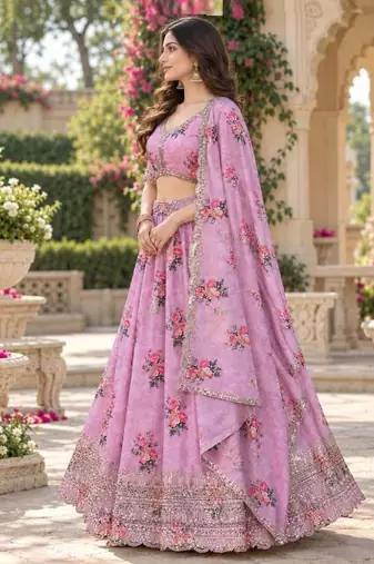 Women's Pink Zari Seqeunce Embroidery Work Lehenga Choli
