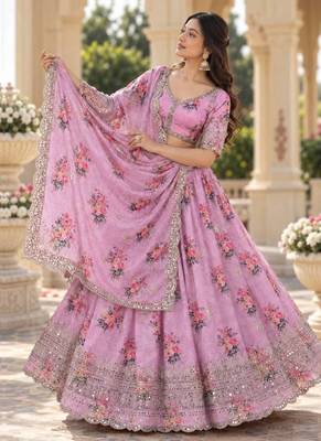 Women's Pink Zari Seqeunce Embroidery Work Lehenga Choli 4
