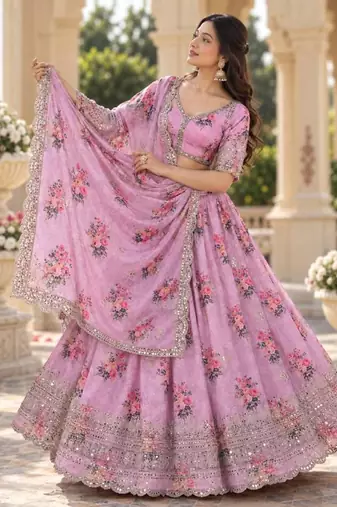 Women's Pink Zari Seqeunce Embroidery Work Lehenga Choli