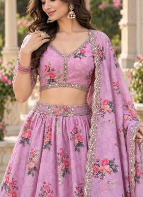 Women's Pink Zari Seqeunce Embroidery Work Lehenga Choli 5