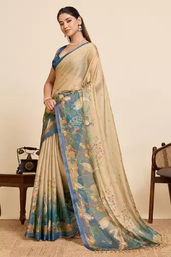 Teal printed linan saree with blouse