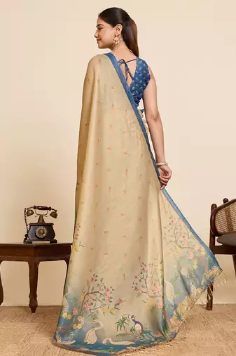Teal printed linan saree with blouse