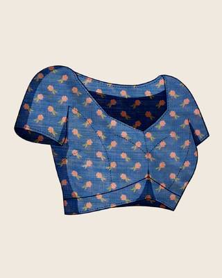 Teal printed linan saree with blouse 5