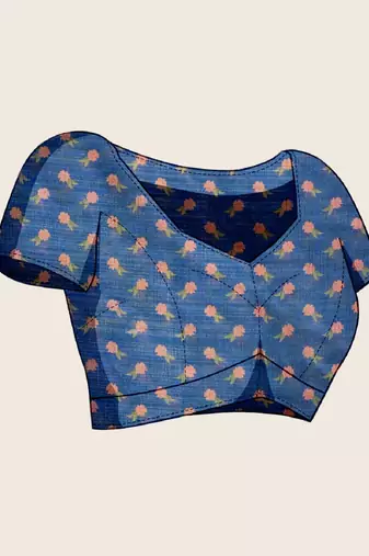 Teal printed linan saree with blouse