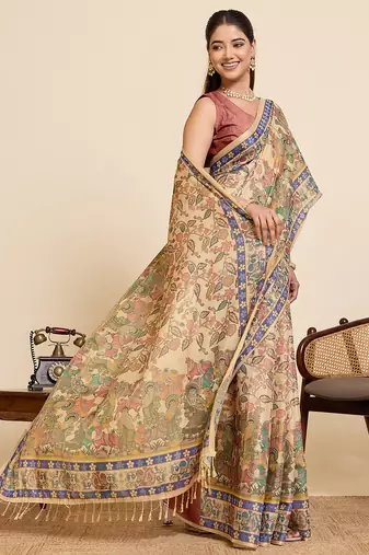 Blue printed linan saree with blouse