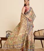 Blue printed linan saree with blouse
